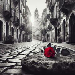 A bright red rose lies on a stone on an old monochrome cobblestone street