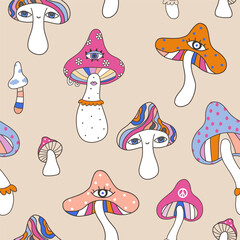 Funny hippie mushroom seamless pattern. Groovy retro style background, texture. Creative mushrooms vector illustration - 753097464