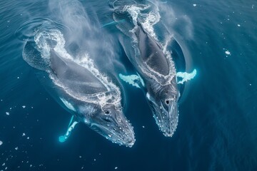 An underwater perspective capturing the ethereal beauty of two humpback whales swimming together