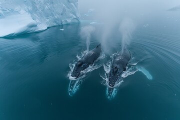 Two humpback whales surfacing in icy waters, blowing air out of their blowholes, with icebergs in the background