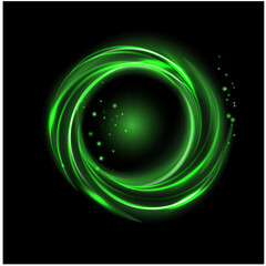 vector abstract background  with the shiny green circles, sparkles, scintillas, sparks  and the rays on the black background.