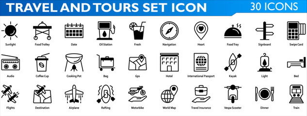 Travel and Tours icon set. Containing sunlight,food trolley,date,oil station,fresh,navigation,heart,food tray,signboard,swipe card,audio,coffe cup,cooking pot,bag,gps,hotel,internation passport,kayak,