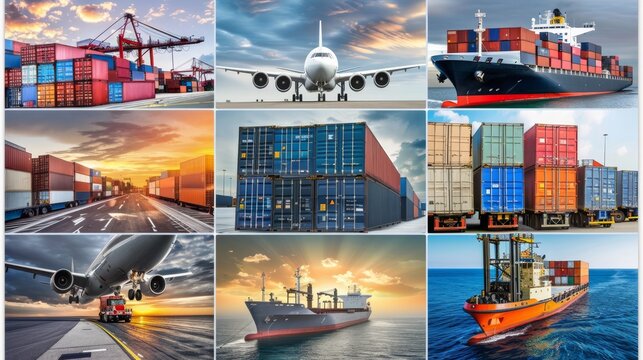 Logistics concept collage with aircraft, cargo ship, truck, forklift for transport.