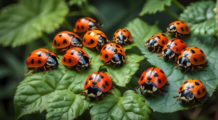A diverse group of ladybirds, each with their own distinct color and pattern, creating a visually stunning display against a backdrop of lush green leaves.