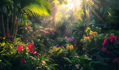 Foto op Plexiglas Oasis of lush foliage and exotic flora as the first light of dawn bathes a beautiful jungle garden in warm © AlfaSmart