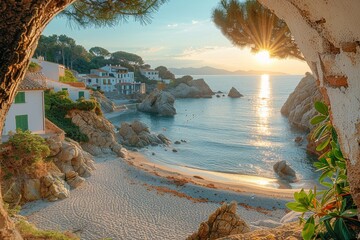 Warm, golden hues of sunrise envelop a peaceful Mediterranean beach town, enhancing the scenic...