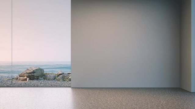 Blank wall on empty concrete floor of large living room in modern house or luxury villa. Minimal home interior 3d rendering with beach and sea view.