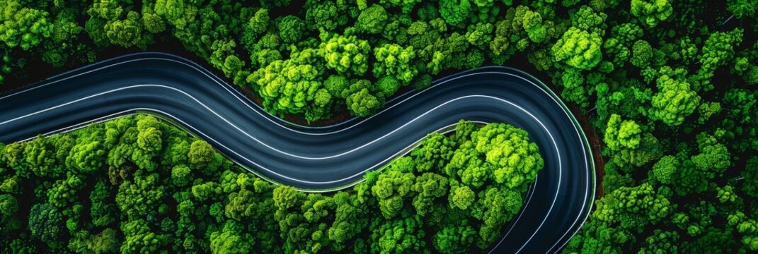 Aerial view of scenic curved road cutting through lush green forest during rainy season