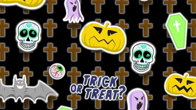 Seamless animation of cartoon mexican candy skulls. Halloween funny background with bats, pumking, crosses and ghosts.