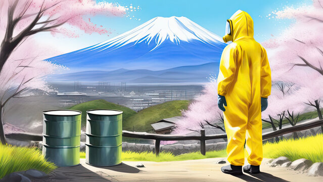 Amidst blossoming cherry trees, fields and snowy mountain, a person in a radiation suit stands, symbolizing the delicate balance between nature's beauty and looming threat of environmental disaster