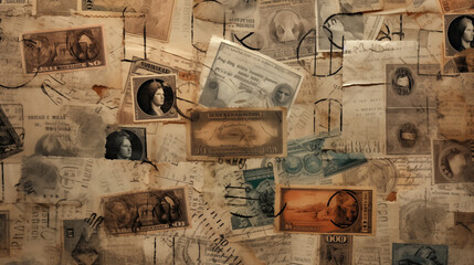 the nostalgia of globetrotting with a photograph featuring passport visa stamps arranged on sepia-textured paper, evoking a sense of adventure and worldly experiences - obrazy, fototapety, plakaty