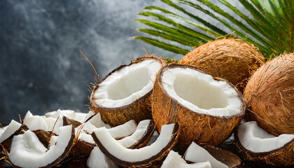 Fototapeta na wymiar Exotic chopped fresh coconuts and palm leaves. Tropical fruit.