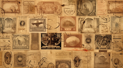 Fototapeta na wymiar the nostalgia of globetrotting with a photograph featuring passport visa stamps arranged on sepia-textured paper, evoking a sense of adventure and worldly experiences