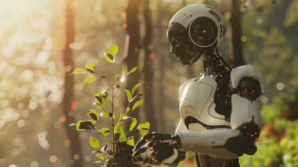 Ethical AI humanoid robot planting tree soft colors futuristic yet gentle technology theme