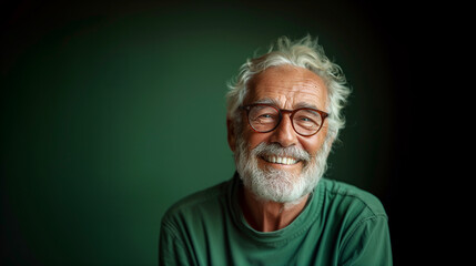 Obraz premium white old man with glasses smiling and looking at camera, isolated on green background, smiling, cheerful and positive mood