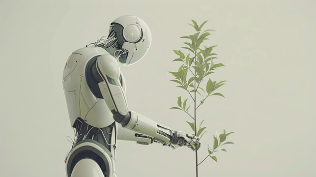 Ethical AI humanoid robot planting tree soft colors futuristic yet gentle technology theme