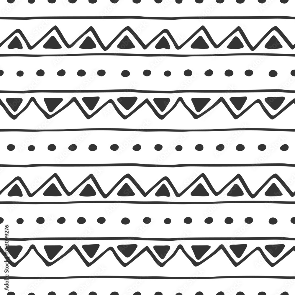 Poster monochrome abstract geometric seamless pattern. row of triangles and dots. striped ink texture. simp