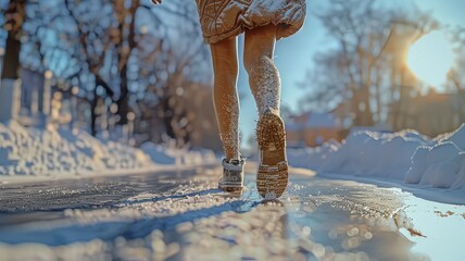 Sunlit footsteps in snow, capturing a brisk winter walk at dawn. - obrazy, fototapety, plakaty