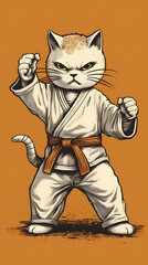 Grumpy Cat in Karate Pose. Hand-Drawn Illustration of a White Cat with a Brown Belt on a Tan Background. Martial Arts and Humor Theme for Design and Apparel