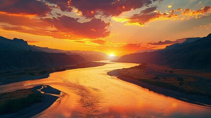 Fototapeta na wymiar Majestic sunset over a winding river in a mountainous landscape.