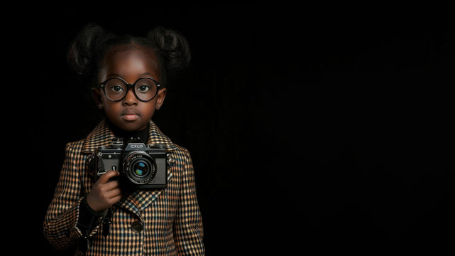 a studio portrait picture of little afro american black girl dressed up as a Photographer isolated on black background 