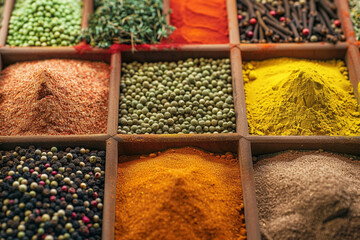 Assortment of colorful spices in a wooden box, showcasing textures and variety in food ingredients.