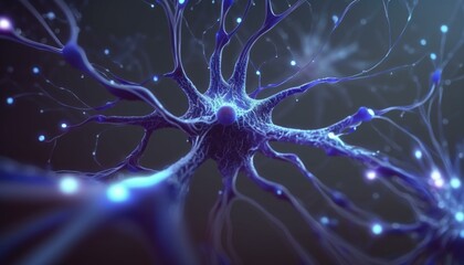 Macro shot of a neuron with electrical impulses, depicting neural network structure. Human nerve system research and AI concept. AI Integration