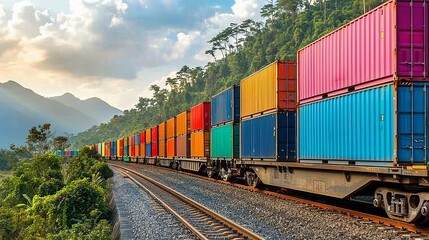 Freight train carrying sea containers moving on train tracks through a scenic forest landscape
