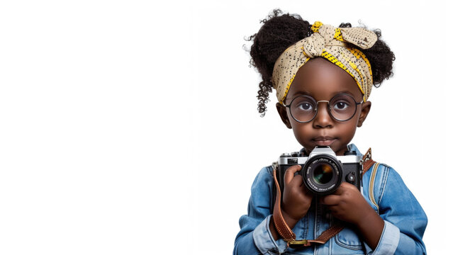 a studio portrait picture of little black girl dressed up as a Photographer isolated on white background