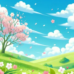 桜が舞う春の草原と青空の風景のイラスト