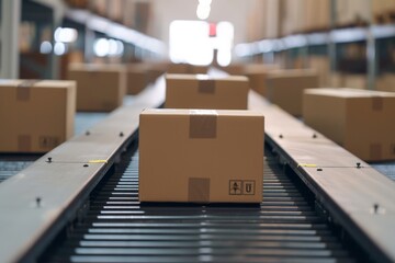 Closeup of multiple cardboard box packages seamlessly moving along a conveyor belt in a warehouse fulfillment center photgraphy with blur background.