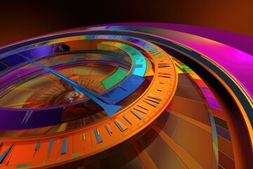 Spiraling clock face, vivid hues, abstract representation of time, entwining eternity