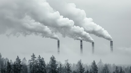 Industrial pollution impact  smoke from chimneys creating thick smog with carbon emissions.