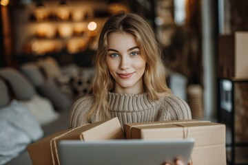 Young woman holding parcel boxes and checking orders from laptop, she owns an online store, she packs and ships through a private transport company. Online selling and online shopping concepts.
