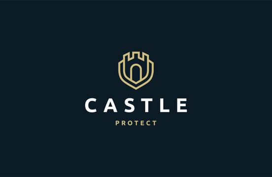 Castle protect line art style logo design template flat vector