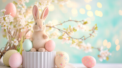 Naklejka na ściany i meble Cute toy Easter bunny on a podium with Easter eggs in soft pastel colors against the background of spring flowers, copy space on the right