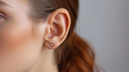 Close-up image of a woman's ear with a small round silver earring measuring 3mm in diameter. The woman has long brown hair and fair skin. The image shows a side view with no visible face.