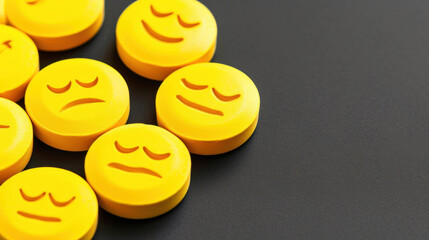 Yellow medicine pills with happy and sad emoticons - concept of drug adverse effects - obrazy, fototapety, plakaty