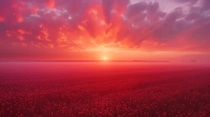 Foto op Plexiglas Sunrise Over Misty Flower Field © Kondor83
