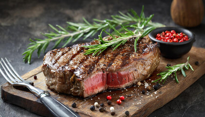 Grilled medium rib eye steak with rosemary and pepper on wooden board. Tasty food.