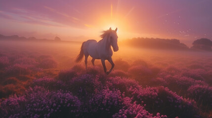 Obraz na płótnie Canvas Beautiful horse running in summer field, sunrise light