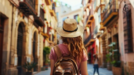 beautiful woman from behind with travel hat on a beautiful street