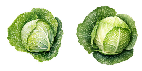 set of two freshcabbage heads clipart watercolor illustration on transparent background, vegetable green veggies - obrazy, fototapety, plakaty