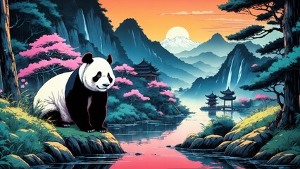 Giant panda munching bamboo amidst a bamboo forest, with a cute cartoon design capturing the...