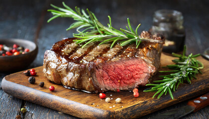Grilled medium rib eye steak with rosemary and pepper on wooden board. Tasty food.
