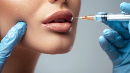 woman with pretty lips injecting lips to increase natural thickness in high resolution - obrazy, fototapety, plakaty