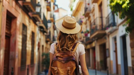 beautiful woman from behind with a hat and a travel backpack on a beautiful street in high resolution and high quality