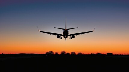 Fototapeta na wymiar Panoramic view of a modern passenger airplane flying in the sunset sky, travel concept