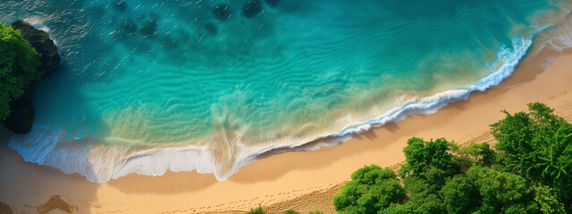 Beach aerial view. Sand and ocean waves. Green trees. Drone photography.