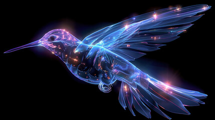 Fototapeta premium Magic glowing glittering electric blue hummingbird in flight